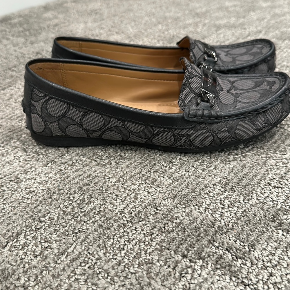Comfy Coach flats, beautiful dark charcoal color with gunmetal hardware